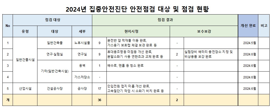 2024년 집중안전점검 안전점검 대상 및 점검 현황- 자세한 내용은 하단참조